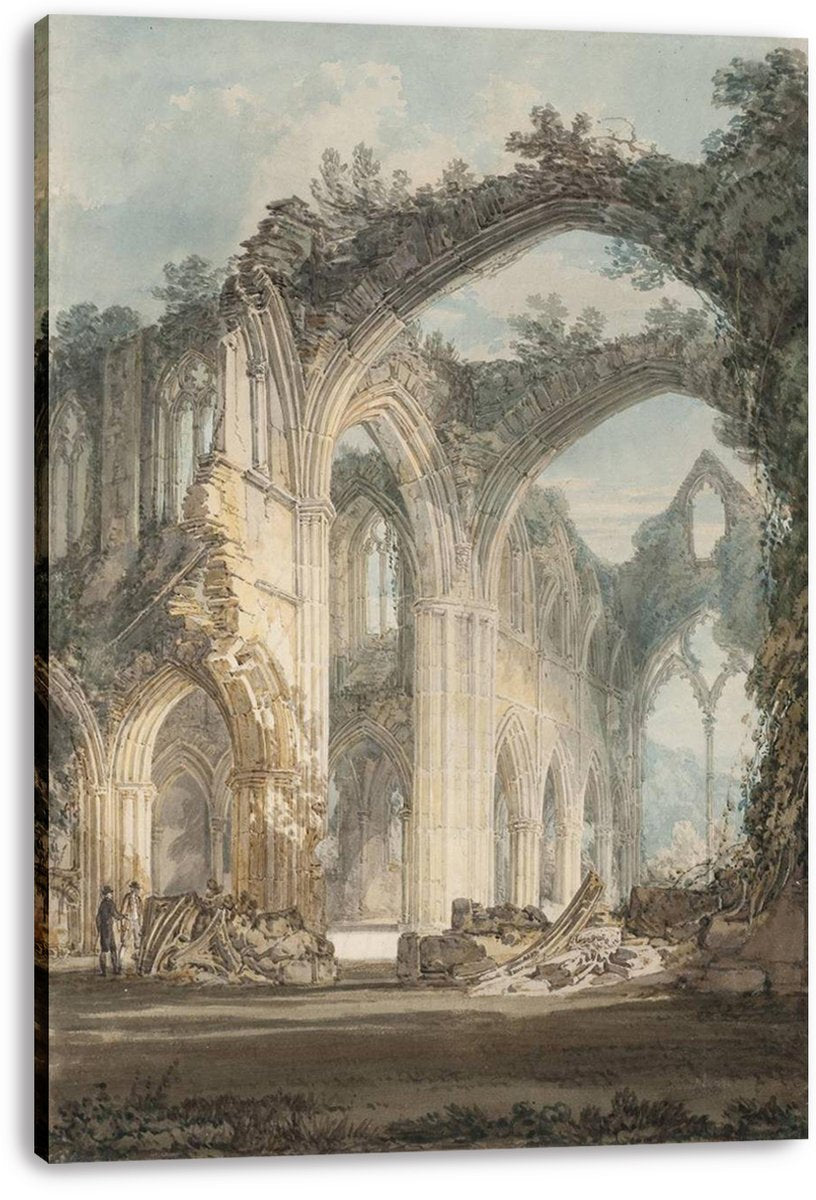 Gothic abbey ruins canvas wall art print depicting weathered arches, vine-covered walls, rubble, and two figures beneath a pale blue sky.