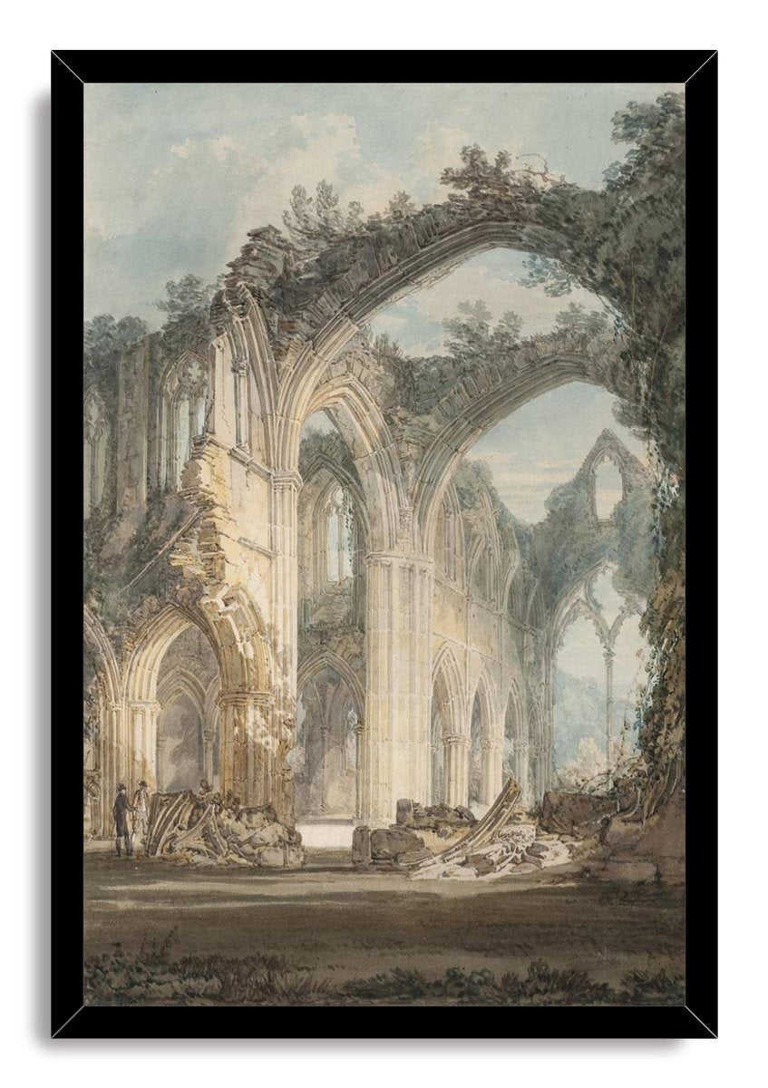 Gothic abbey ruins framed wall art print in a black frame, featuring soaring stone arches, foliage, rubble, and tiny figures in muted watercolor hues.