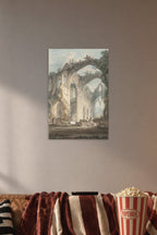 Gothic Abbey Ruins in a cozy movie room above a brown sofa with popcorn.