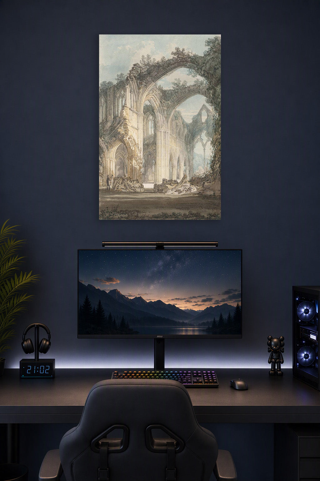 Gothic Abbey Ruins in a gaming desk setup above a monitor.