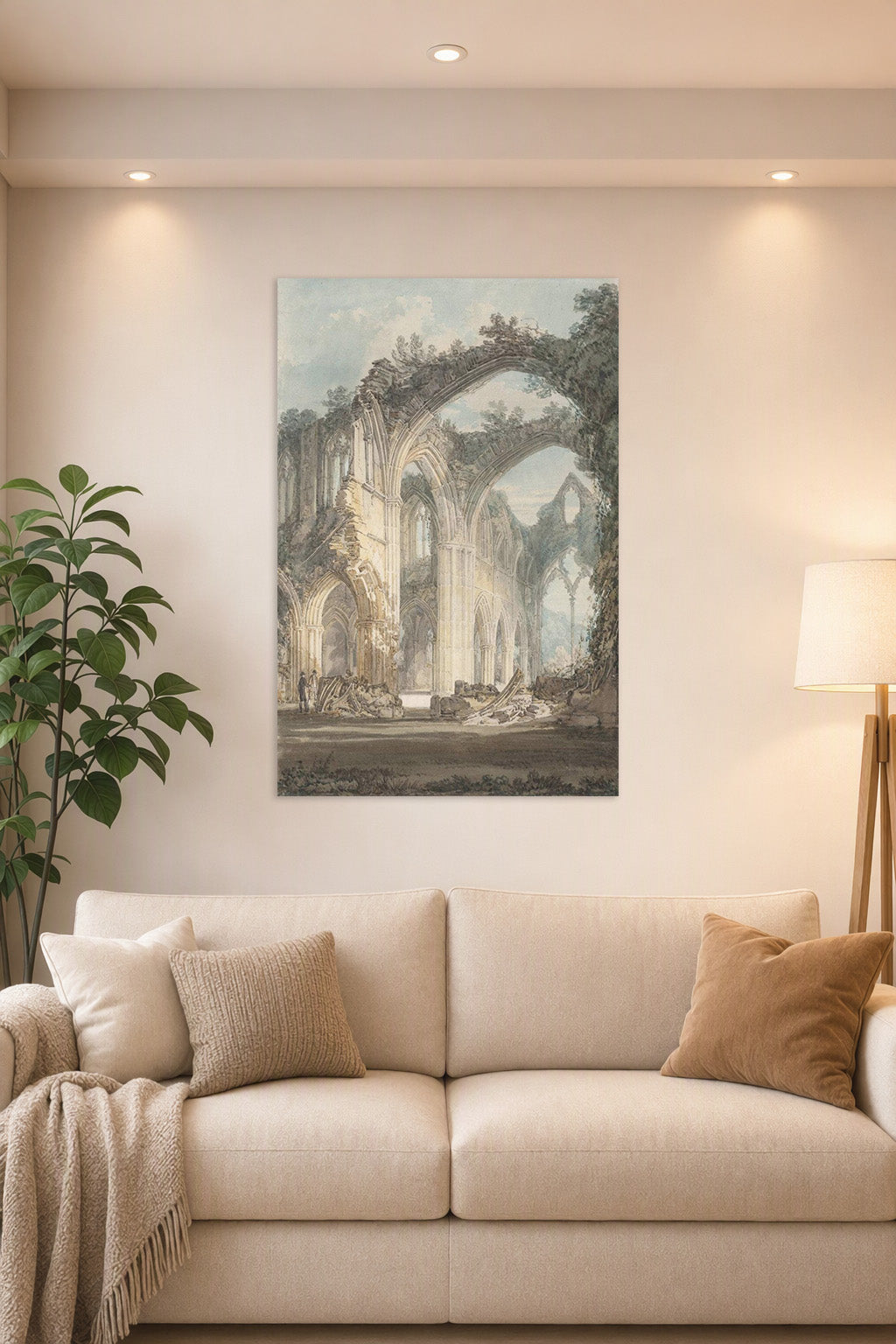 Gothic Abbey Ruins in a bright living room above a beige sofa.