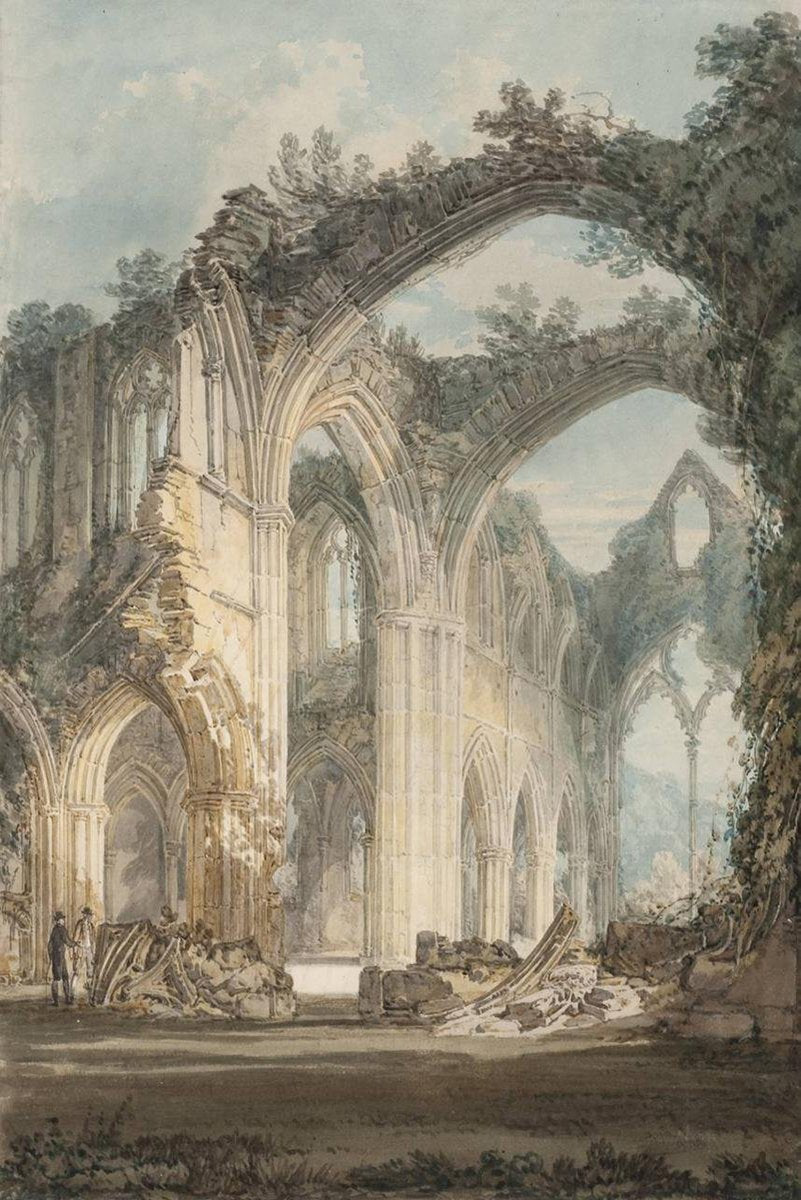 Gothic abbey ruins wall art print with towering pointed arches, scattered stone rubble, two small figures, and ivy in soft gray, cream, and blue watercolor tones.