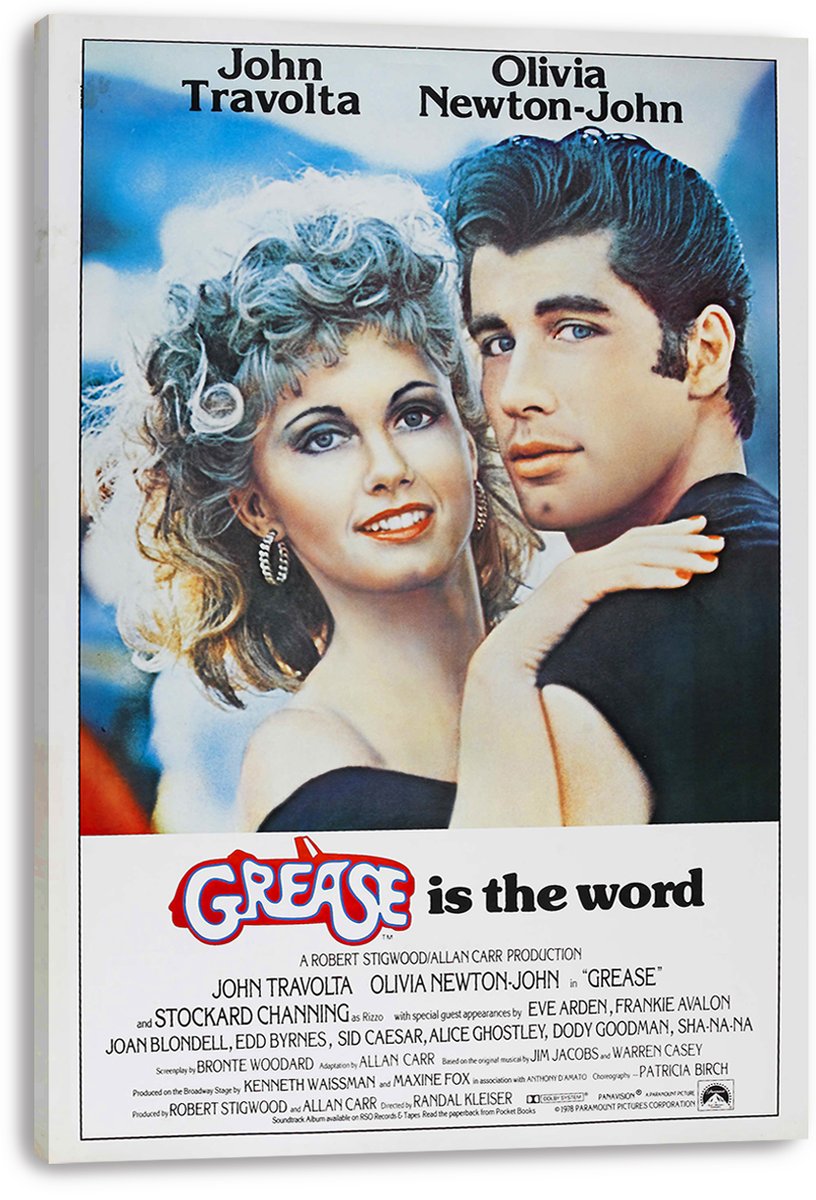 Grease movie poster canvas print with Olivia Newton-John beside John Travolta, bold cast names, and the “Grease is the word” tagline.