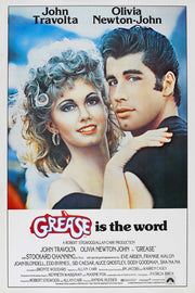 Grease movie poster wall art print featuring Olivia Newton-John and John Travolta in a close embrace against a blue sky.