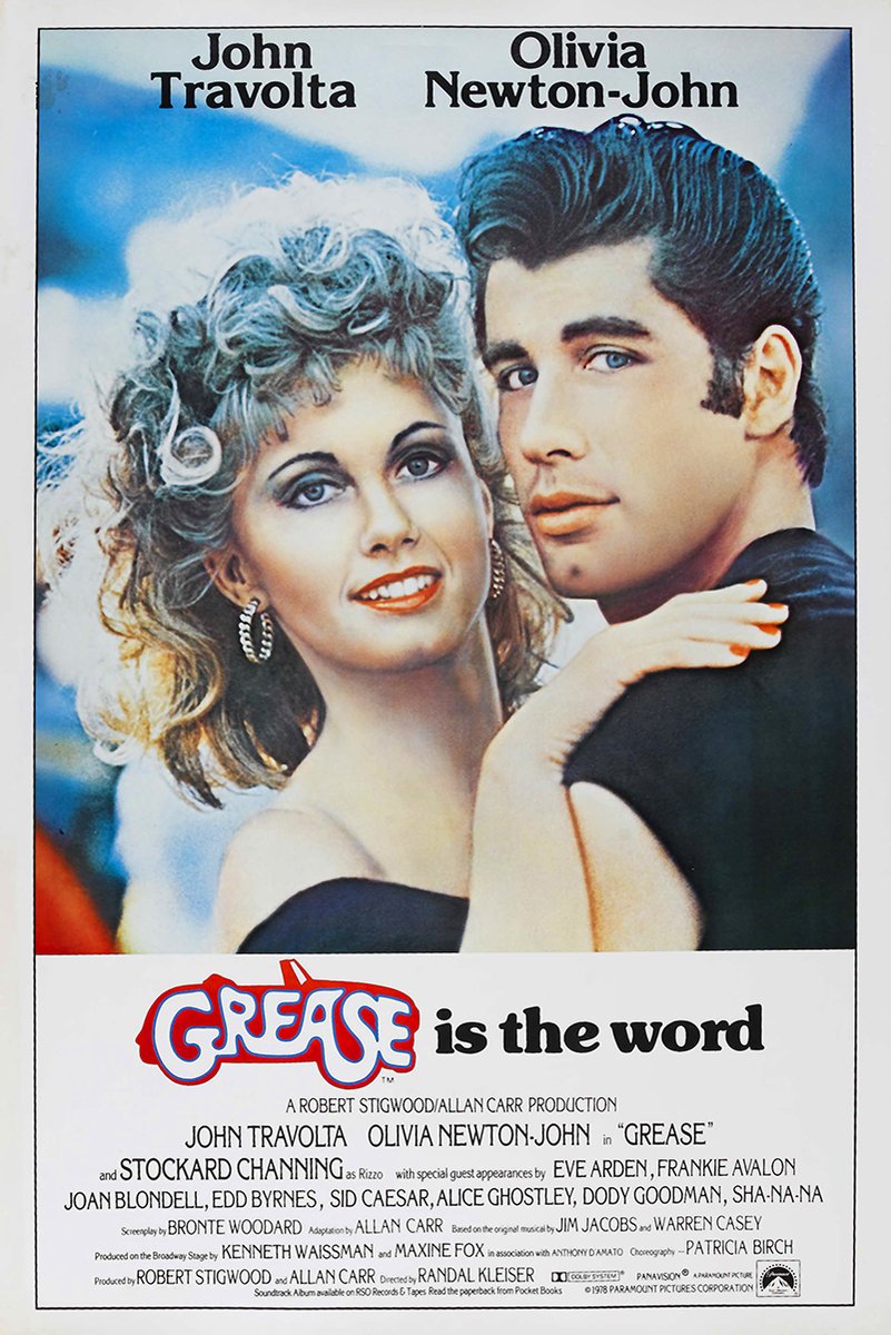 Grease movie poster wall art print featuring Olivia Newton-John and John Travolta in a close embrace against a blue sky.