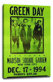 Green Day canvas poster features a neon green street photo of three men, with Madison Square Garden concert details.