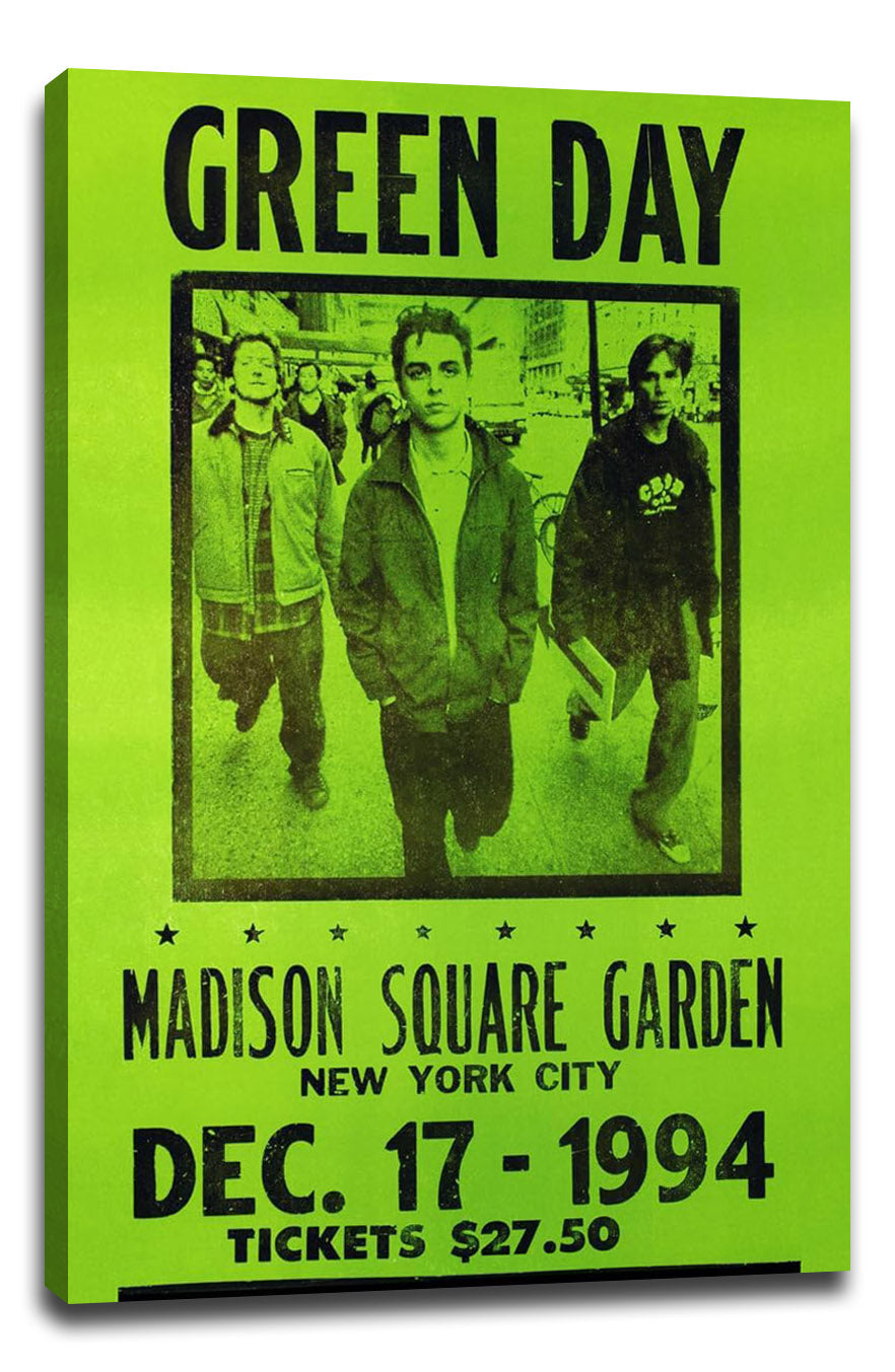 Green Day canvas poster features a neon green street photo of three men, with Madison Square Garden concert details.