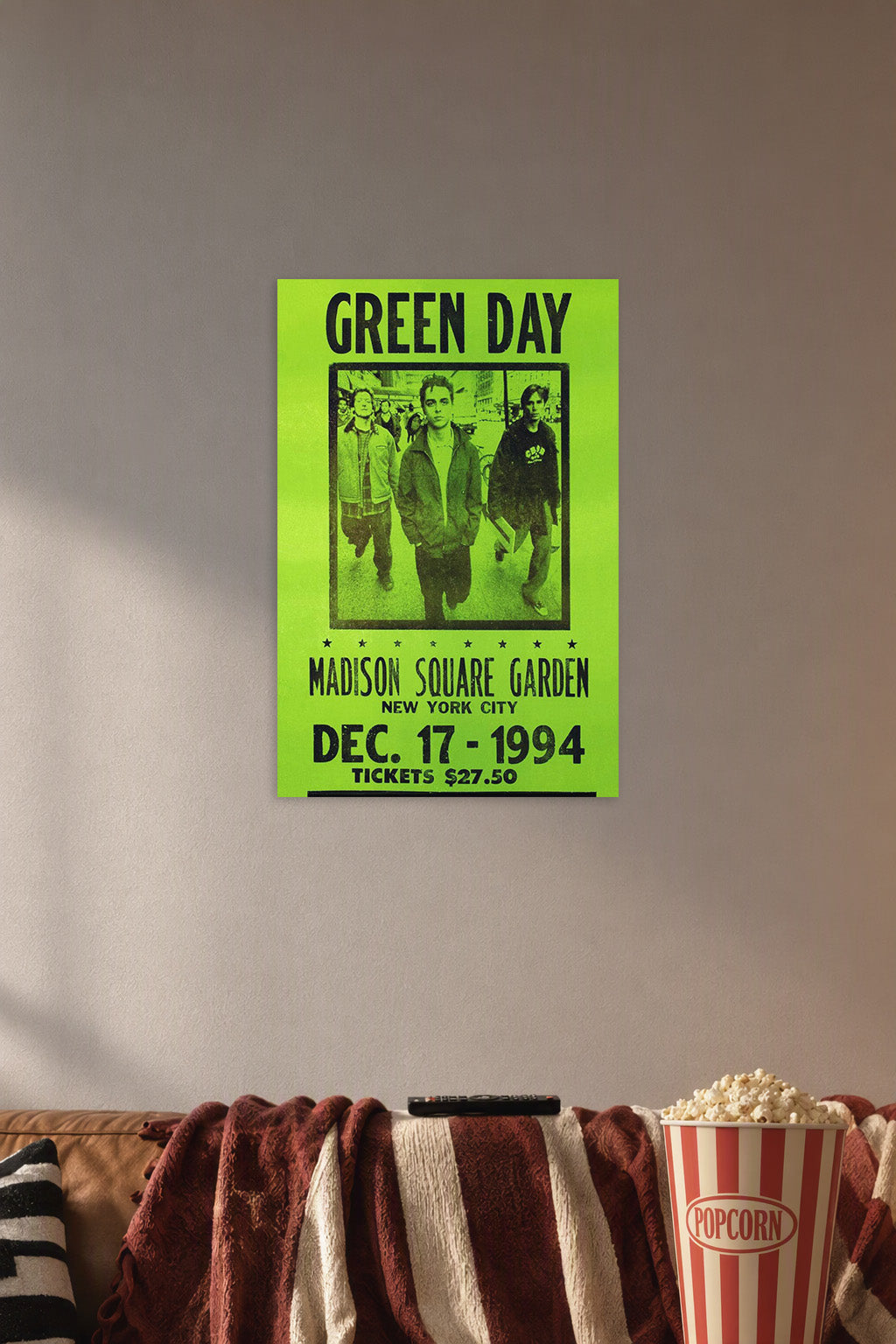 Green Day Concert Poster, NYC, Madison Square Garden, New York City Music in a cozy movie room above a brown sofa with popcorn.