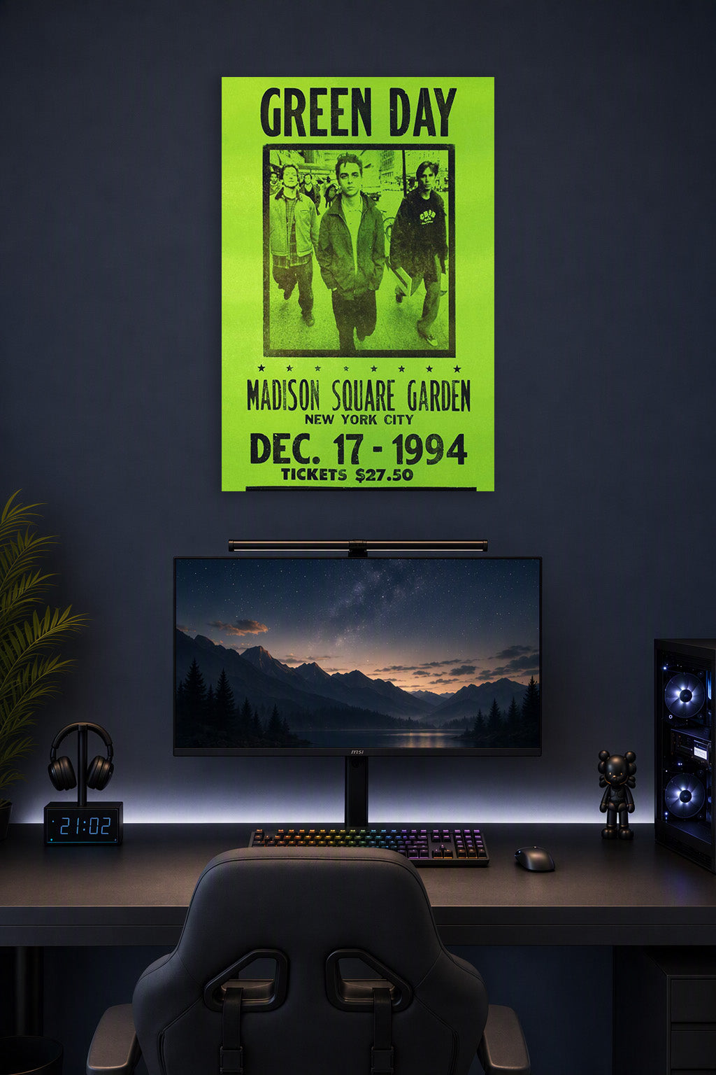 Green Day Concert Poster, NYC, Madison Square Garden, New York City Music in a gaming desk setup above a monitor.