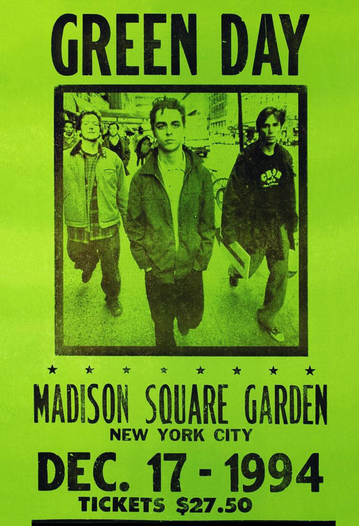 Green Day concert poster in neon green and black features three men walking and Madison Square Garden event text.