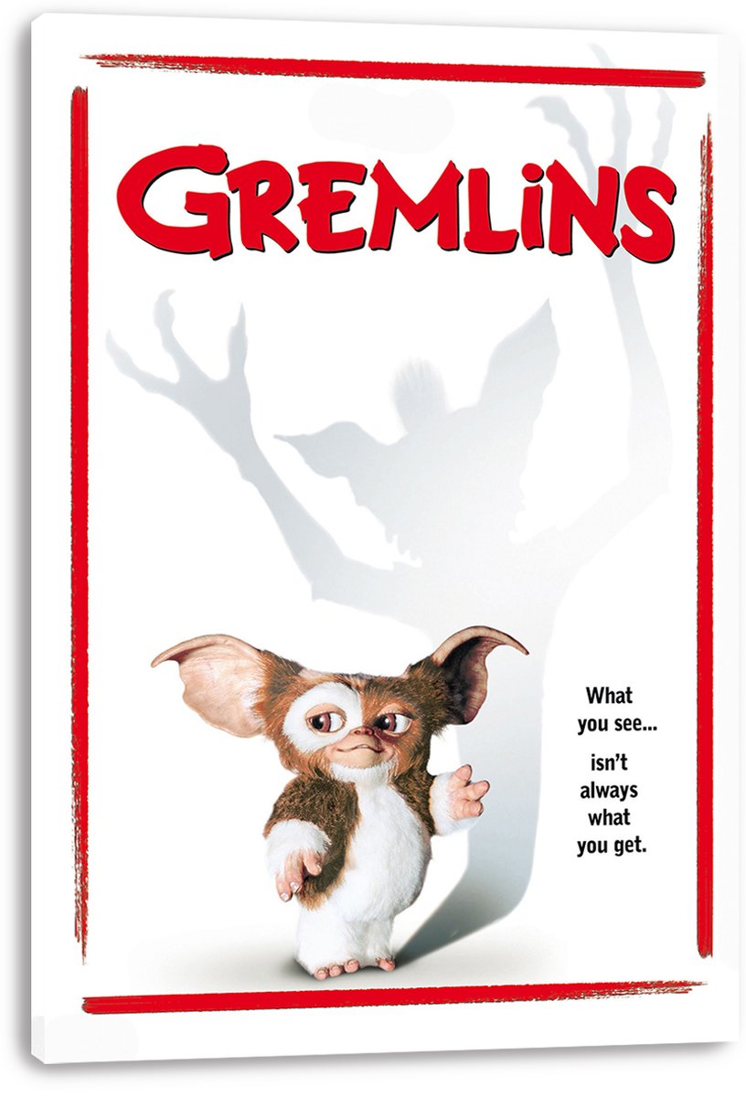 Gremlins canvas wall art print displays Gizmo and his menacing gray shadow, framed by distressed red lines and bold red lettering.