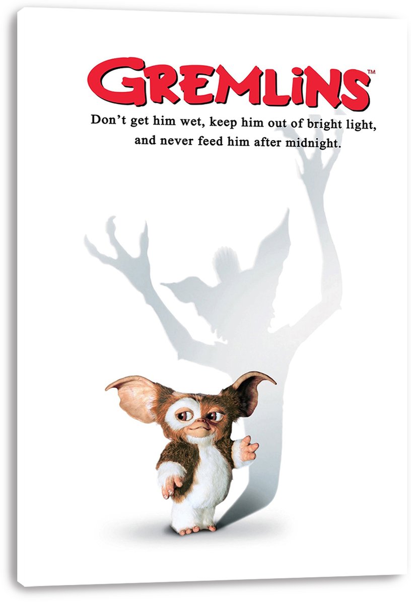 Gremlins wall art print on a thick white canvas, with Gizmo, a towering gray shadow, red title, and black rule text.