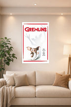 Gremlins in a bright living room above a beige sofa.