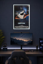 Gremlins Movie Poster in a gaming desk setup above a monitor.