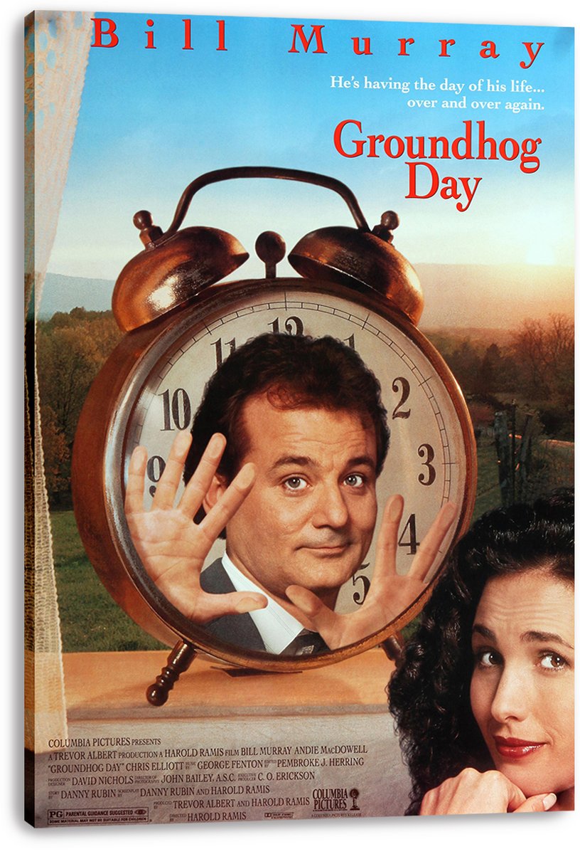 Groundhog Day canvas wall art print displays Bill Murray behind an oversized alarm clock and Andie MacDowell in a vertical movie-poster design.