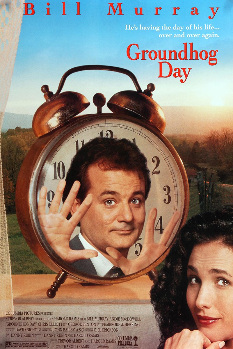 Groundhog Day poster features Bill Murray inside a large bronze alarm clock, with Andie MacDowell at right against a rural sky.