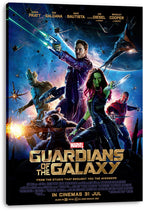 Guardians of the Galaxy canvas wall art print with the team in a colorful space battle and gold movie title.