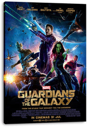 Guardians of the Galaxy canvas wall art print with the team in a colorful space battle and gold movie title.