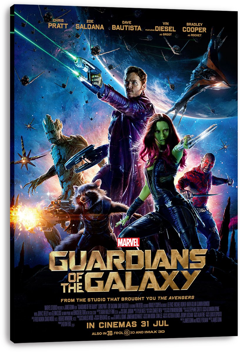 Guardians of the Galaxy canvas wall art print with the team in a colorful space battle and gold movie title.