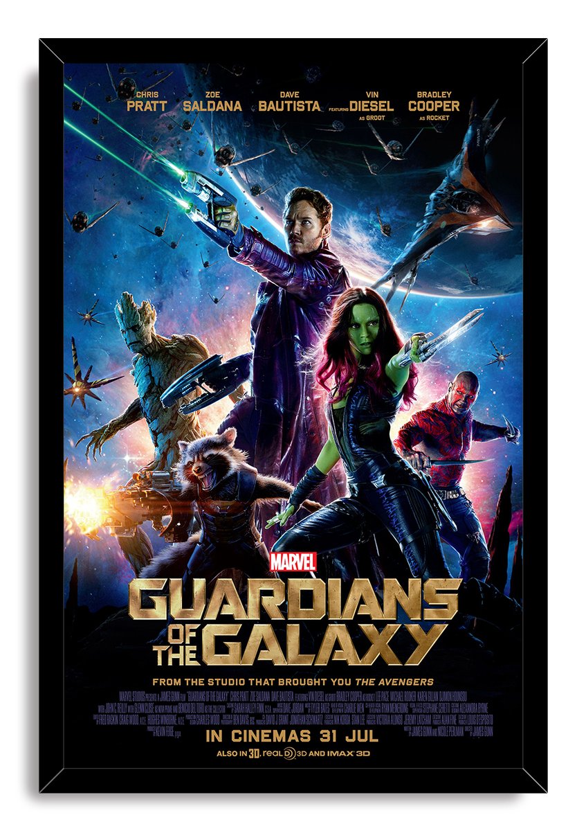 Guardians of the Galaxy framed wall art print featuring Star-Lord, Gamora, Groot, Rocket and Drax against a galaxy backdrop.