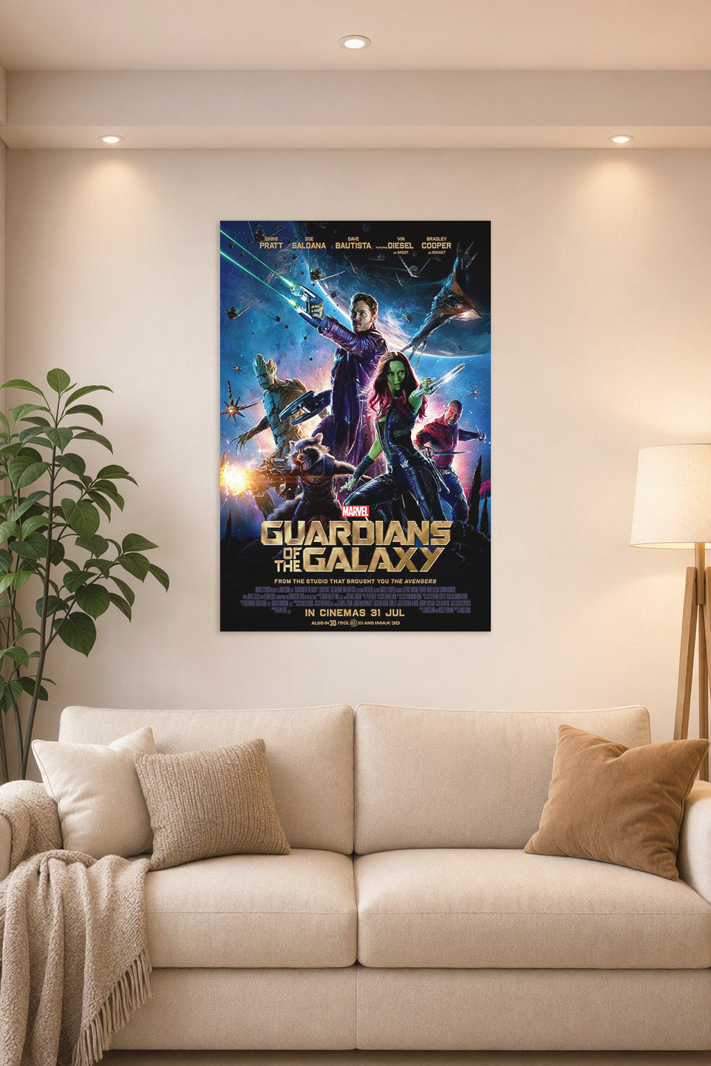 Guardians of the Galaxy in a bright living room above a beige sofa.