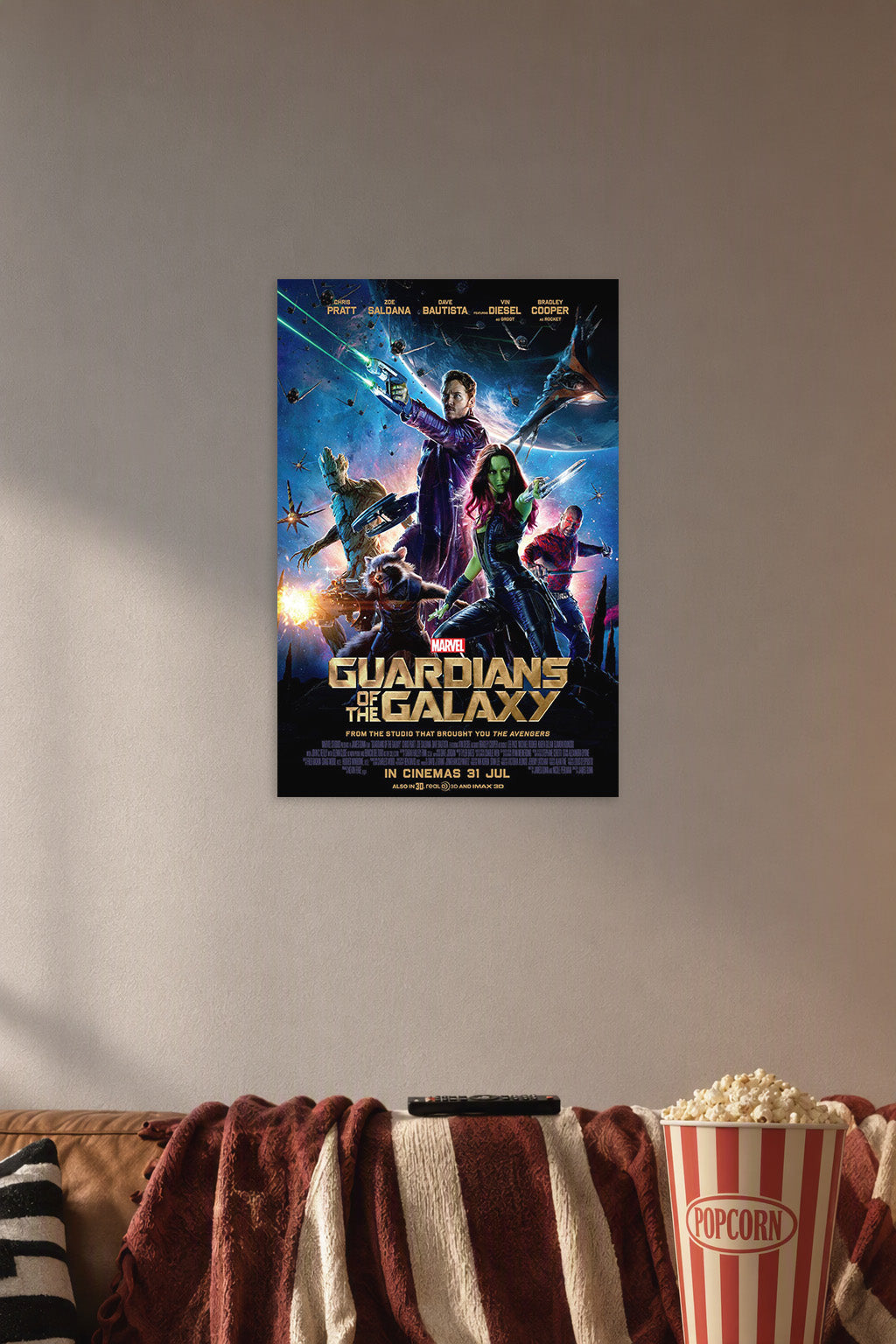 Guardians of the Galaxy in a cozy movie room above a brown sofa with popcorn.