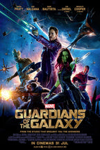 Guardians of the Galaxy poster with Star-Lord, Gamora, Groot, Rocket and Drax posed amid blue cosmic spacecraft.