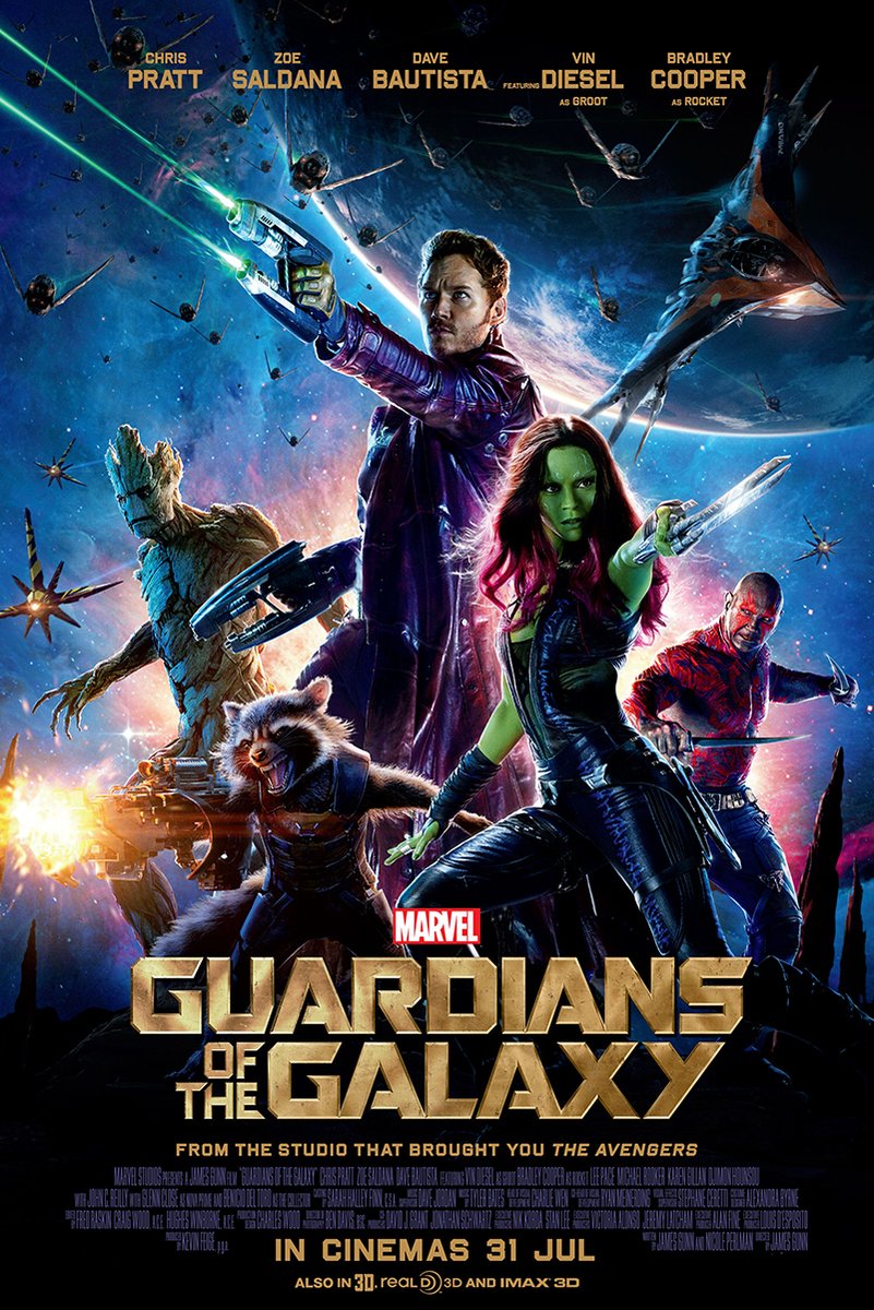 Guardians of the Galaxy poster with Star-Lord, Gamora, Groot, Rocket and Drax posed amid blue cosmic spacecraft.