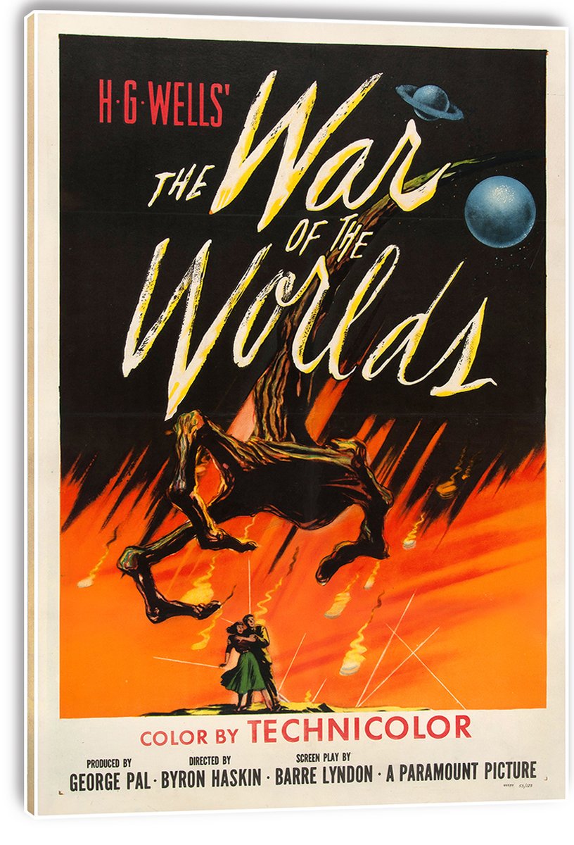 The War of the Worlds wall art print on a wrapped canvas displays a Martian tripod above a couple amid orange rays and blue planets.