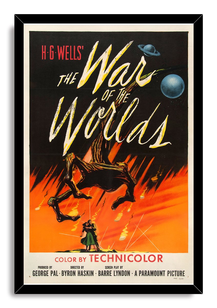 The War of the Worlds framed wall art print presents yellow title text, a looming alien tripod, planets, and a couple against a blazing orange sky.
