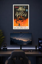H.G. Wells' The War of the Worlds Movie Poster in a gaming desk setup above a monitor.