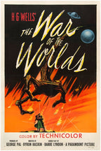 The War of the Worlds movie poster features bold yellow title lettering, a towering tripod, blue planets, and a couple below fiery orange skies.