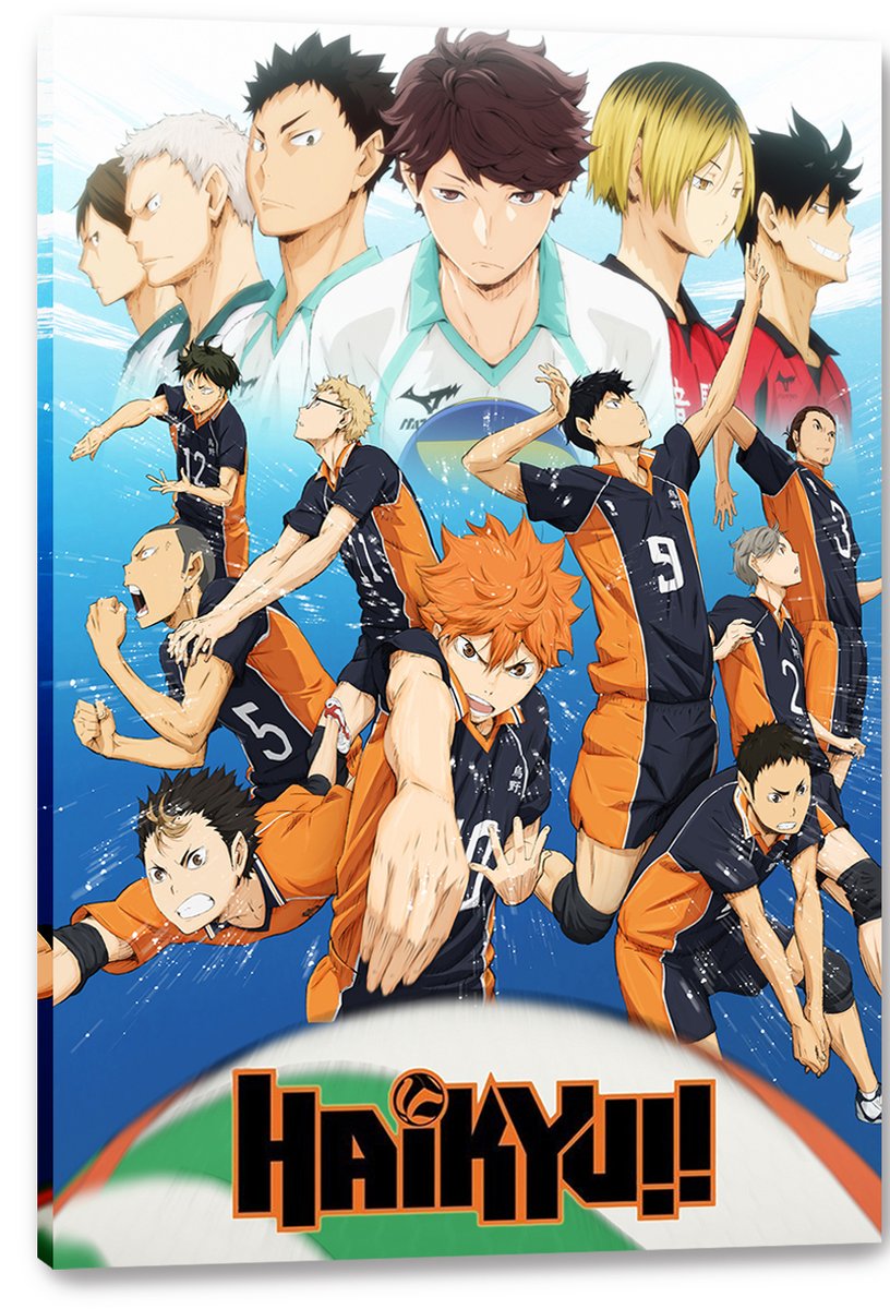 Haikyuu!! canvas wall art print displays animated volleyball players diving, setting, and spiking around the bold series logo.