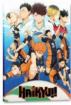 Haikyuu!! canvas wall art print displays animated volleyball players diving, setting, and spiking around the bold series logo.