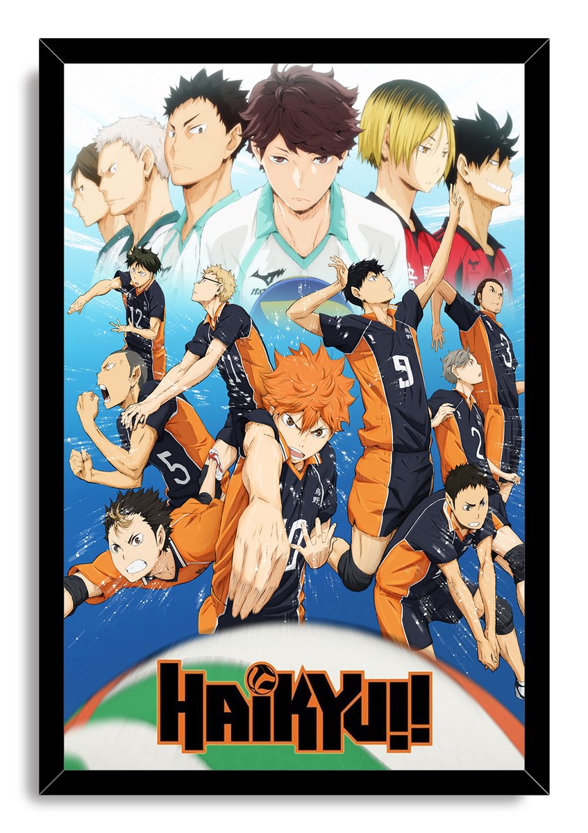 Haikyuu!! framed wall art print presents a dynamic team volleyball collage in navy and orange uniforms with a black border.