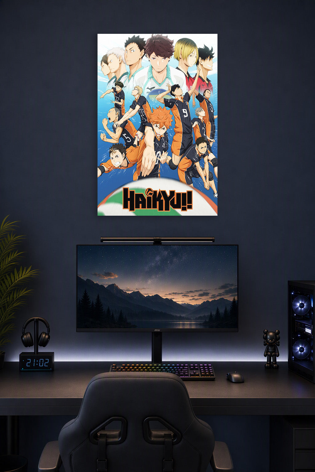 Haikyuu!! Anime Volleyball Team in a gaming desk setup above a monitor.