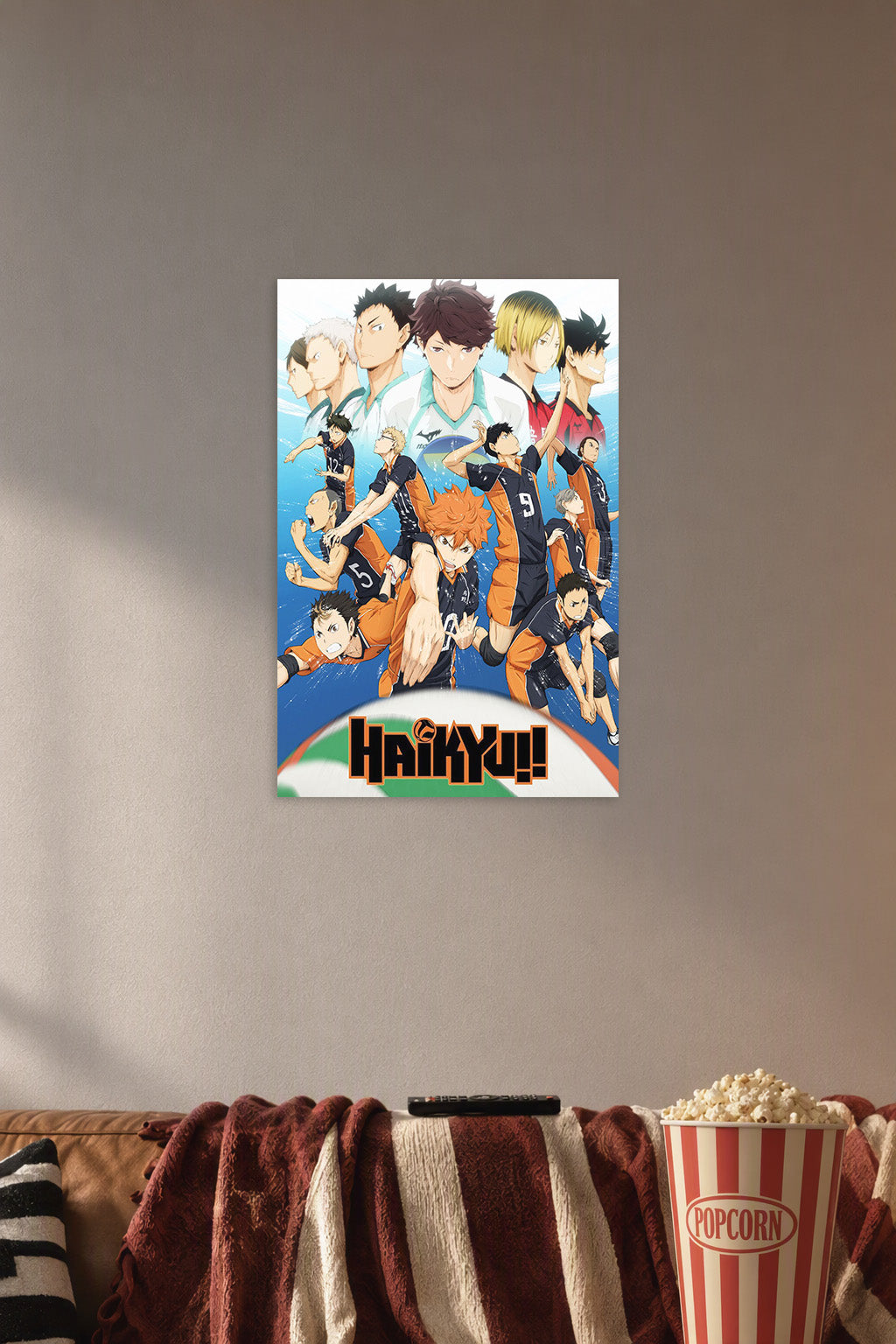 Haikyuu!! Anime Volleyball Team in a cozy movie room above a brown sofa with popcorn.