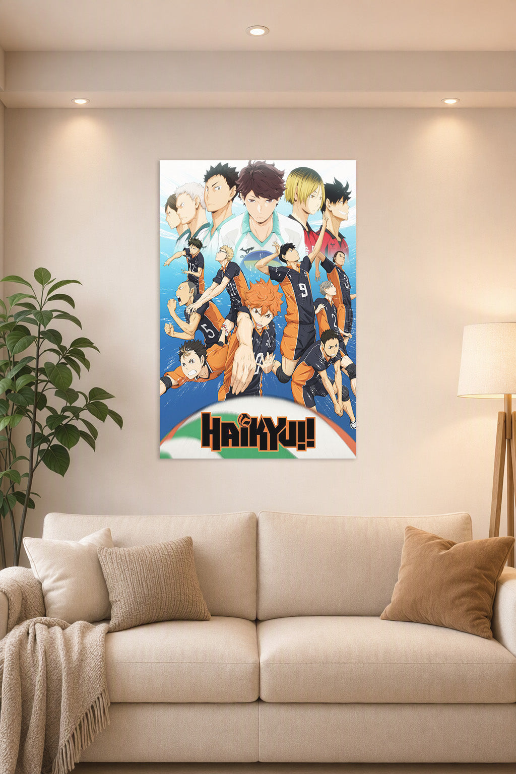Haikyuu!! Anime Volleyball Team in a bright living room above a beige sofa.