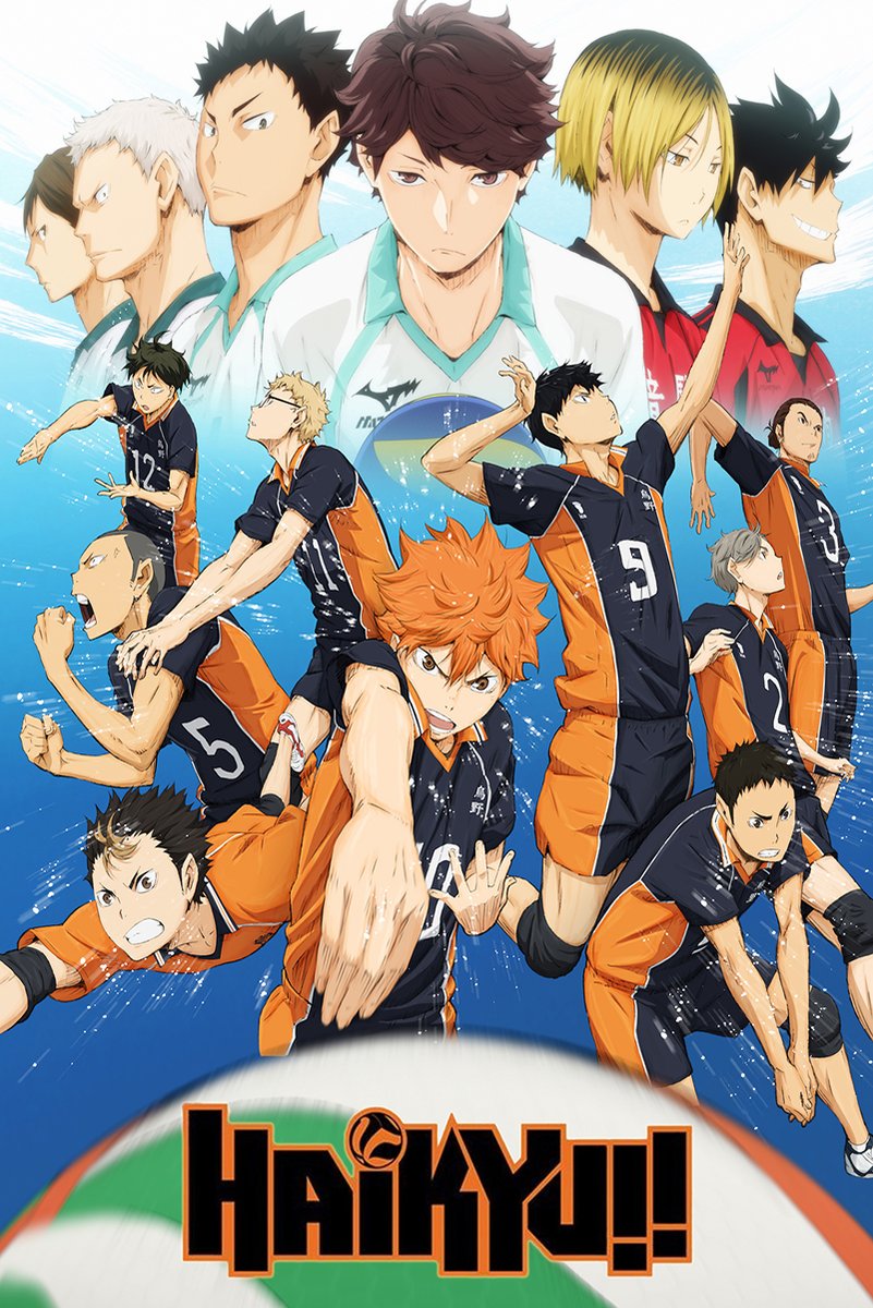 Haikyuu!! wall art print features orange-and-black volleyball players in action beneath a lineup of rival team portraits on blue.