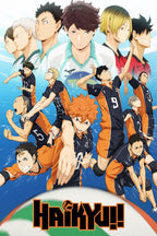 Haikyuu!! wall art print features orange-and-black volleyball players in action beneath a lineup of rival team portraits on blue.