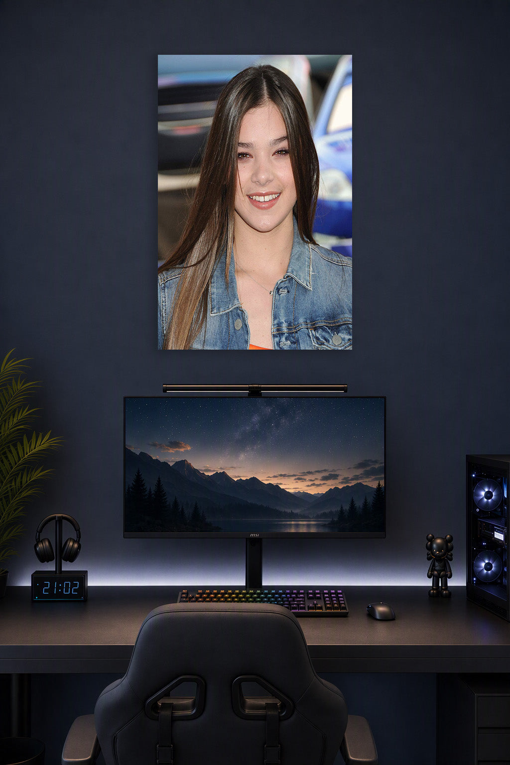Hailee Steinfeld in a gaming desk setup above a monitor.