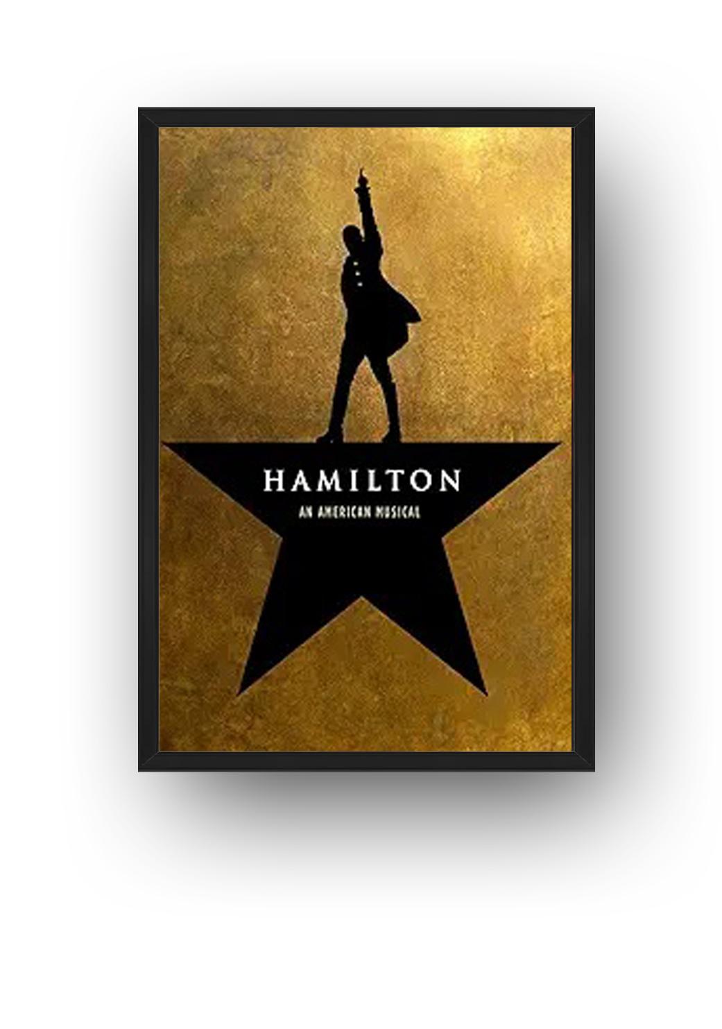 Hamilton framed wall art print presents a raised-arm silhouette atop a black star on a gold textured field.