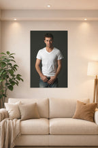 Handsome Man in a bright living room above a beige sofa.