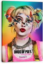 Harley Quinn canvas wall art print displays her red-lipped portrait, colorful pigtails, airborne characters, birds, and film title.