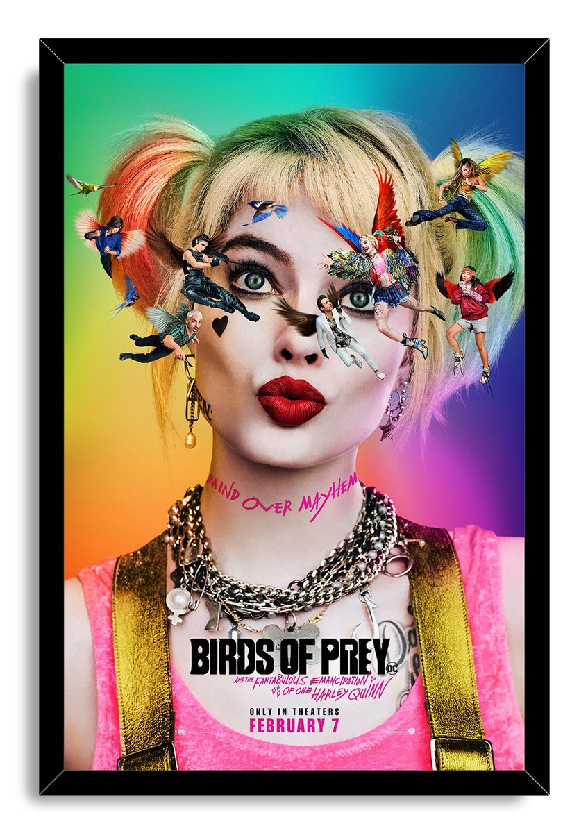 Harley Quinn Birds of Prey framed wall art print features a black frame around her vivid portrait with airborne characters and birds.