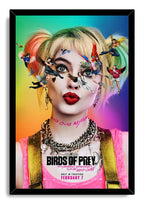 Harley Quinn framed wall art print presents a vivid portrait with tiny flying characters, colorful birds, and black border.