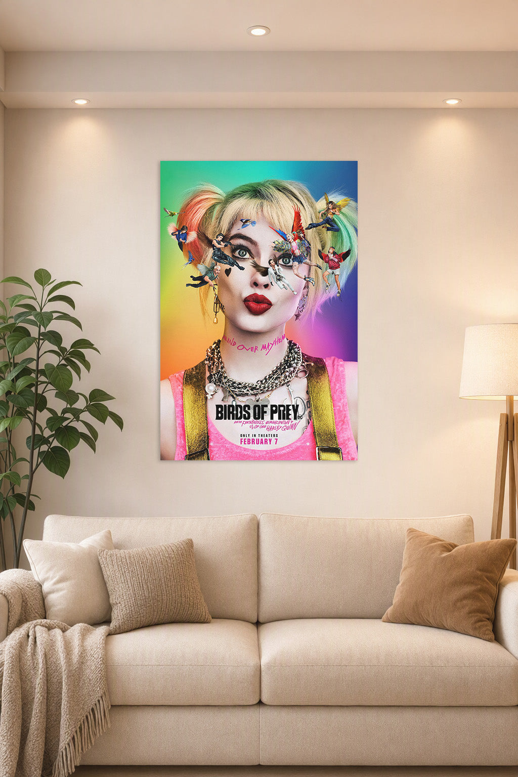 Harley Quinn Birds of Prey in a bright living room above a beige sofa.