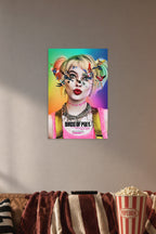Harley Quinn Birds of Prey in a cozy movie room above a brown sofa with popcorn.