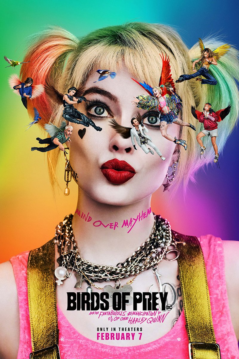 Harley Quinn Birds of Prey poster features a close-up with multicolored pigtails, red lips, flying characters, and rainbow backdrop.