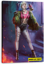 Harley Quinn canvas wall art print displays her with a mallet, multicolored fringe jacket, street sparks, and Birds of Prey text.